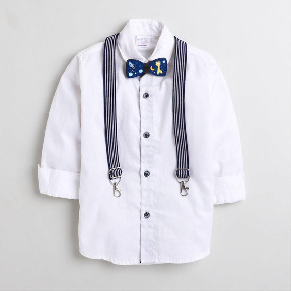 Polka Tots Party wear Shirt with Suspender and Wooden Bow Tie - White