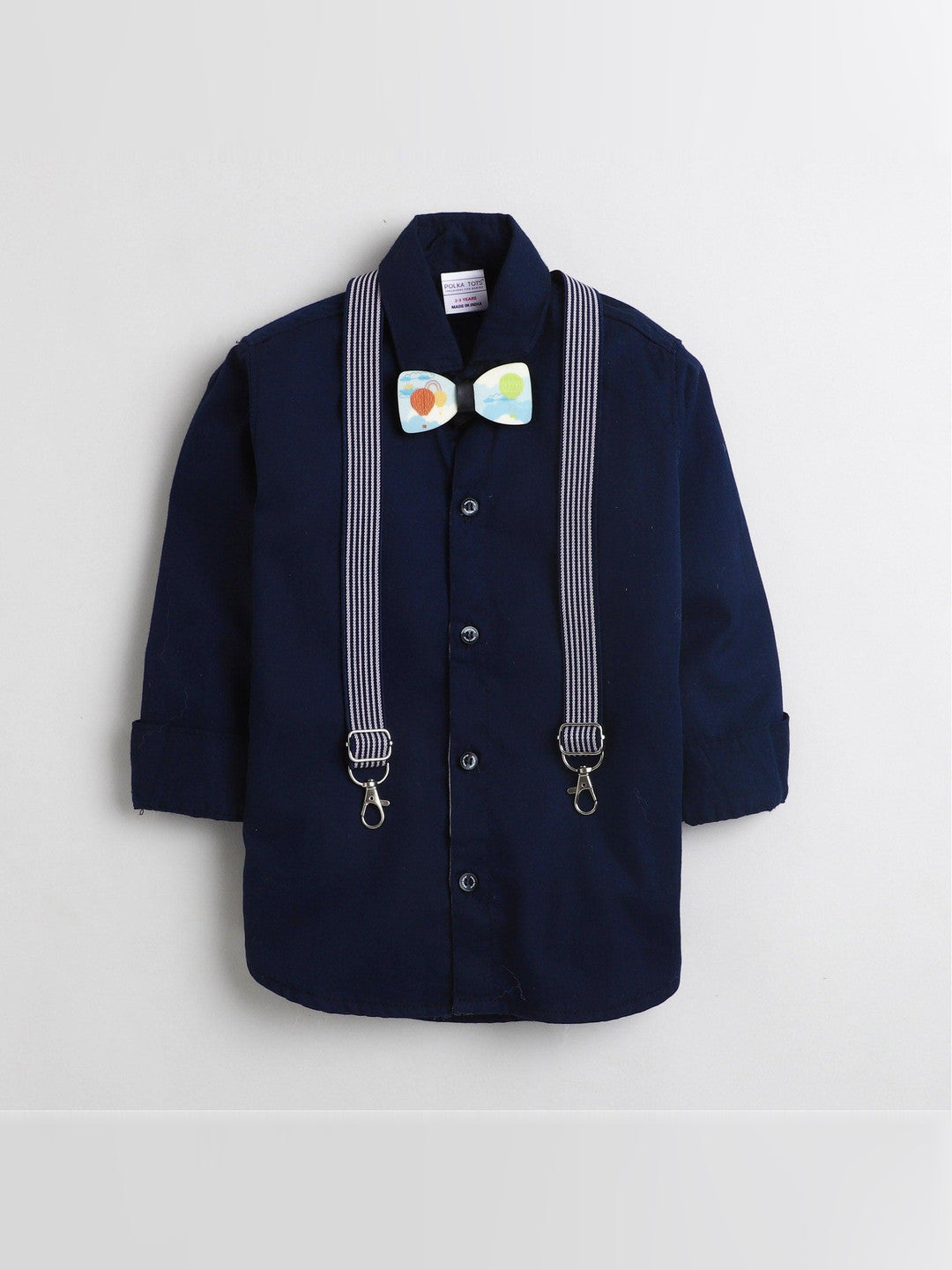 Polka Tots Party wear Shirt with Suspender and Wooden Bow Tie - Navy Blue