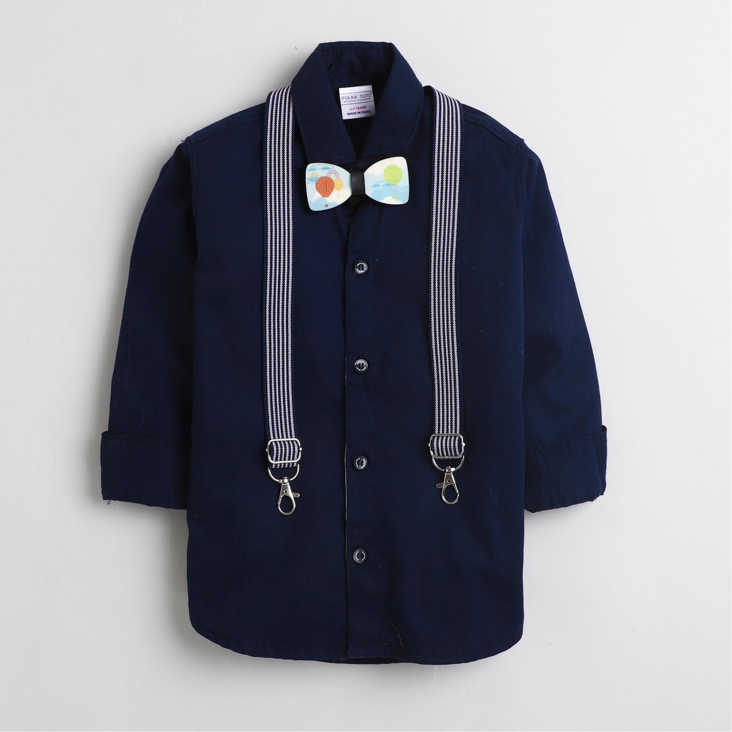 Polka Tots Party wear Shirt with Suspender and Wooden Bow Tie - Navy Blue