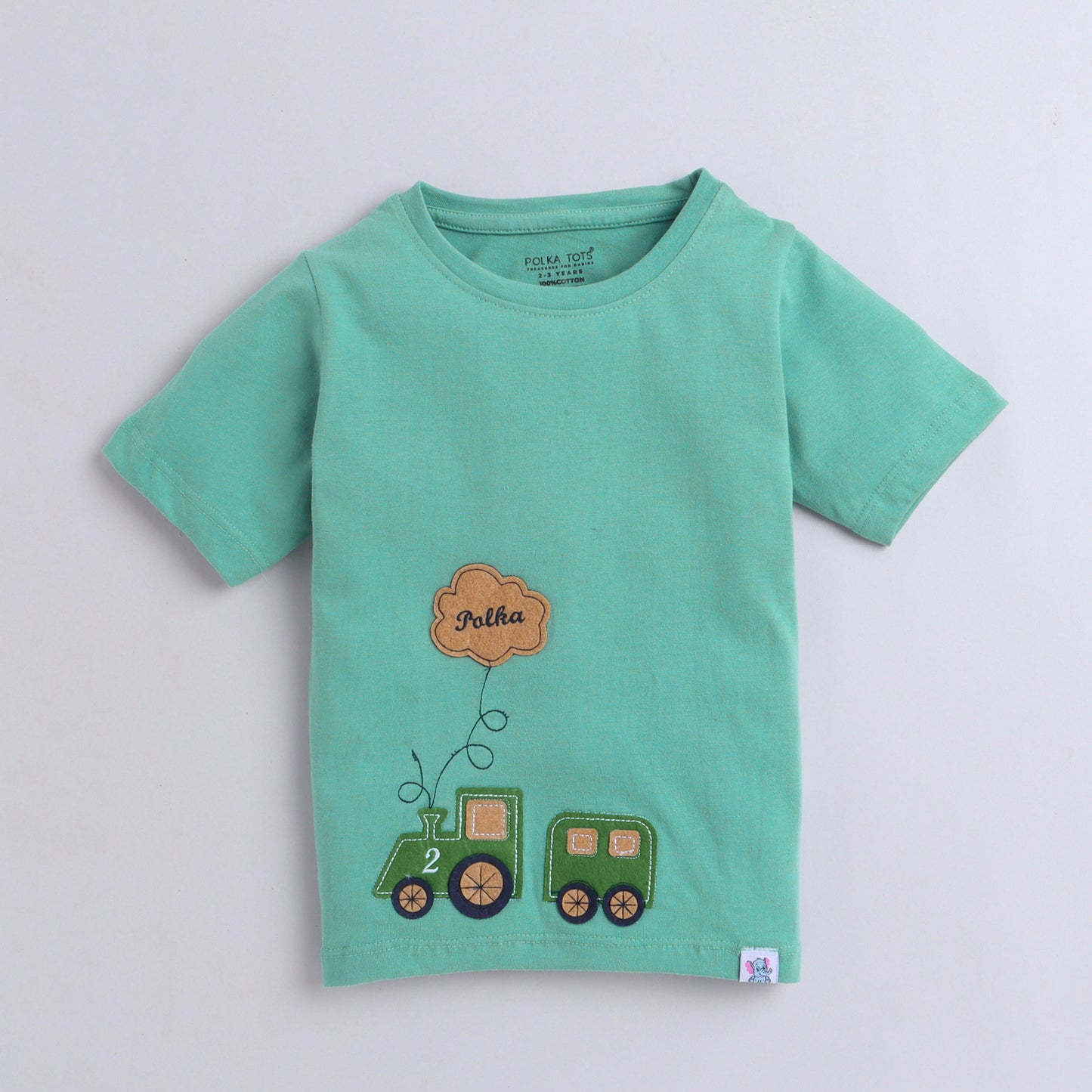 Polka Tots Half Sleeve T-shirt 100% Cotton Antibacterial Fabric Train Green