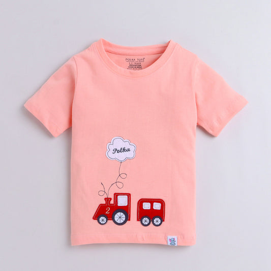 Polka Tots Half Sleeve T-shirt 100% Cotton Antibacterial Fabric Train Peach