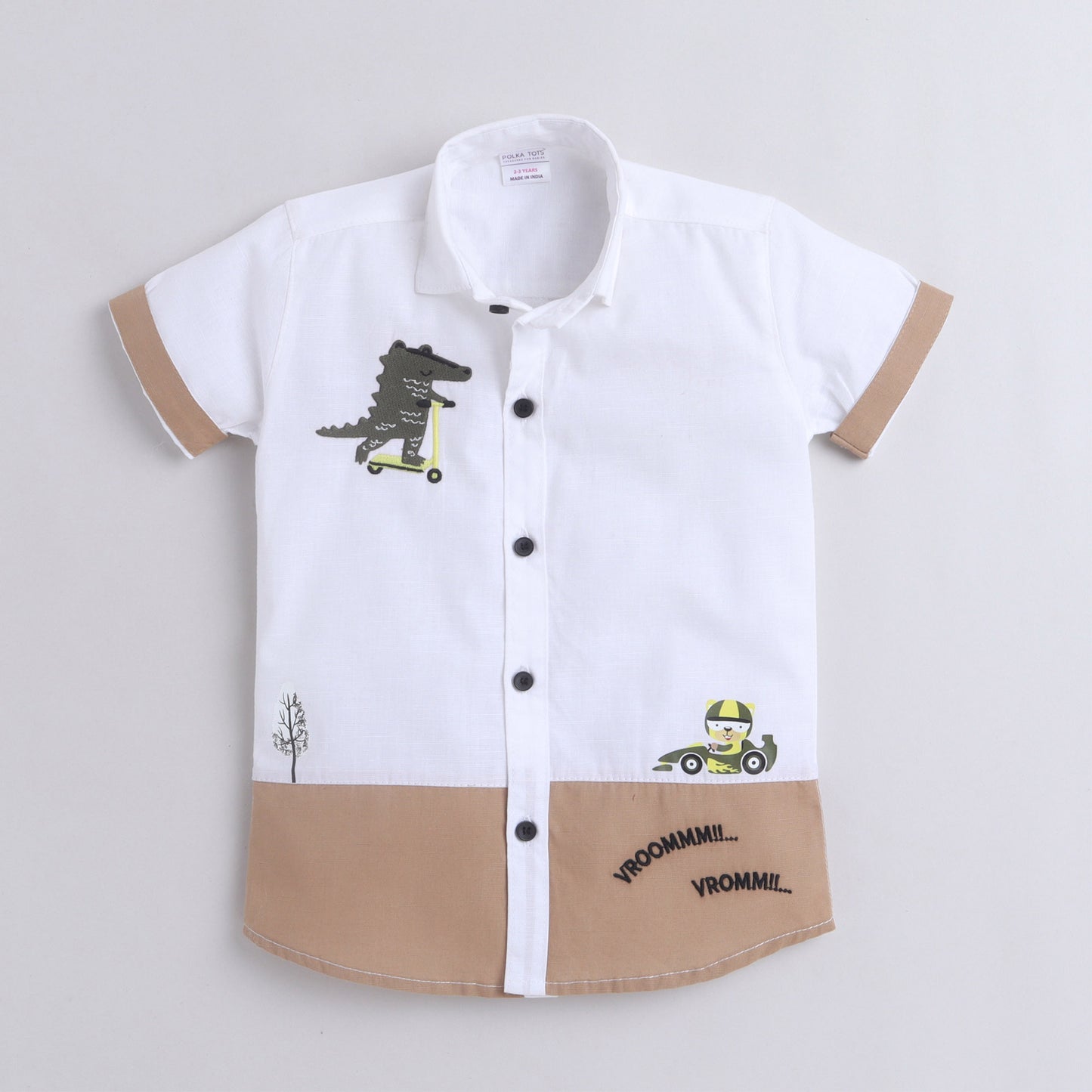Polka Tots Half Sleeves Crocodile Print Shirt - White