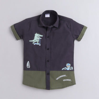 Polka Tots Half Sleeve Shirt 100% Cotton Linen Look Dinosaur Car - Grey