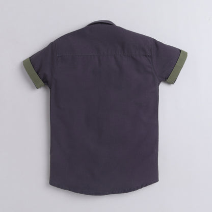 Polka Tots Half Sleeve Shirt 100% Cotton Linen Look Dinosaur Car - Grey