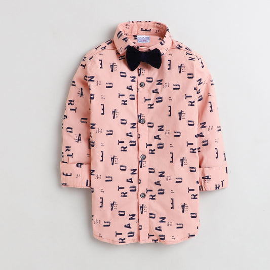 Polka Tots Full Sleeve Lycra Shirt Alphabet Print with Bow Tie Peach