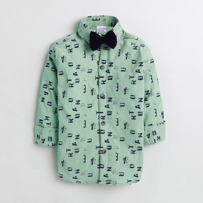 Polka Tots Full Sleeve Lycra Shirt Alphabet Print with Bow Tie Green