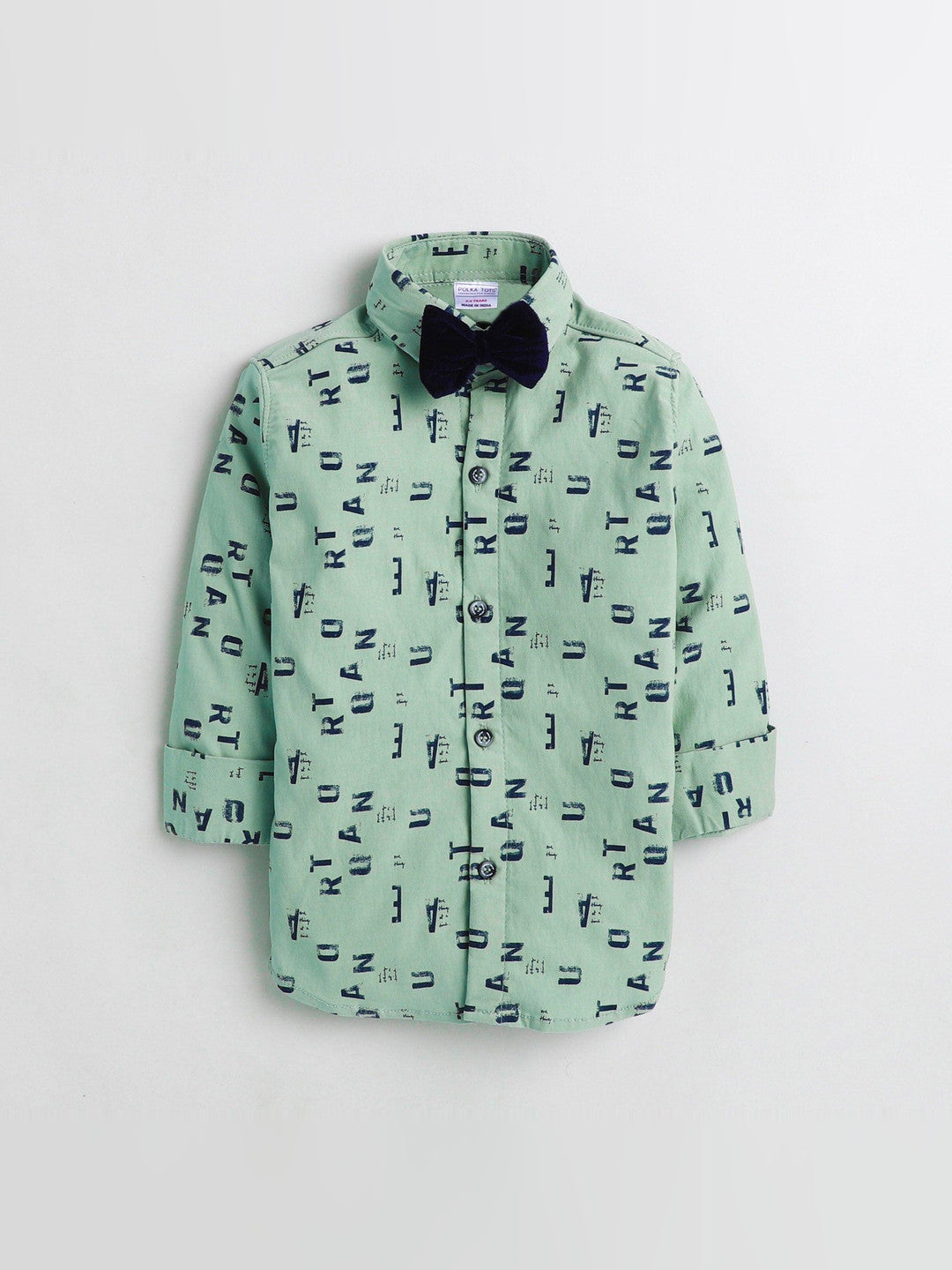 Polka Tots Full Sleeve Lycra Shirt Alphabet Print with Bow Tie Green