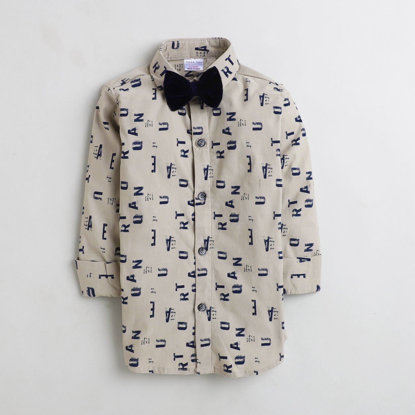 Polka Tots Full Sleeve Lycra Shirt Alphabet Print with Bow Tie Cream