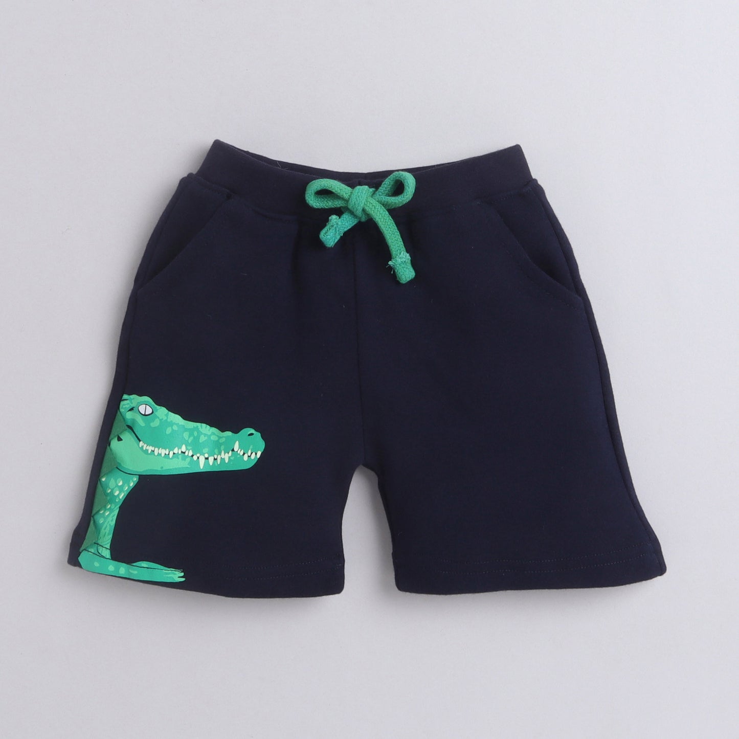 Polka Tots Knee Length Shorts 100% Interlock Cotton With Dinosaur Navy Blue