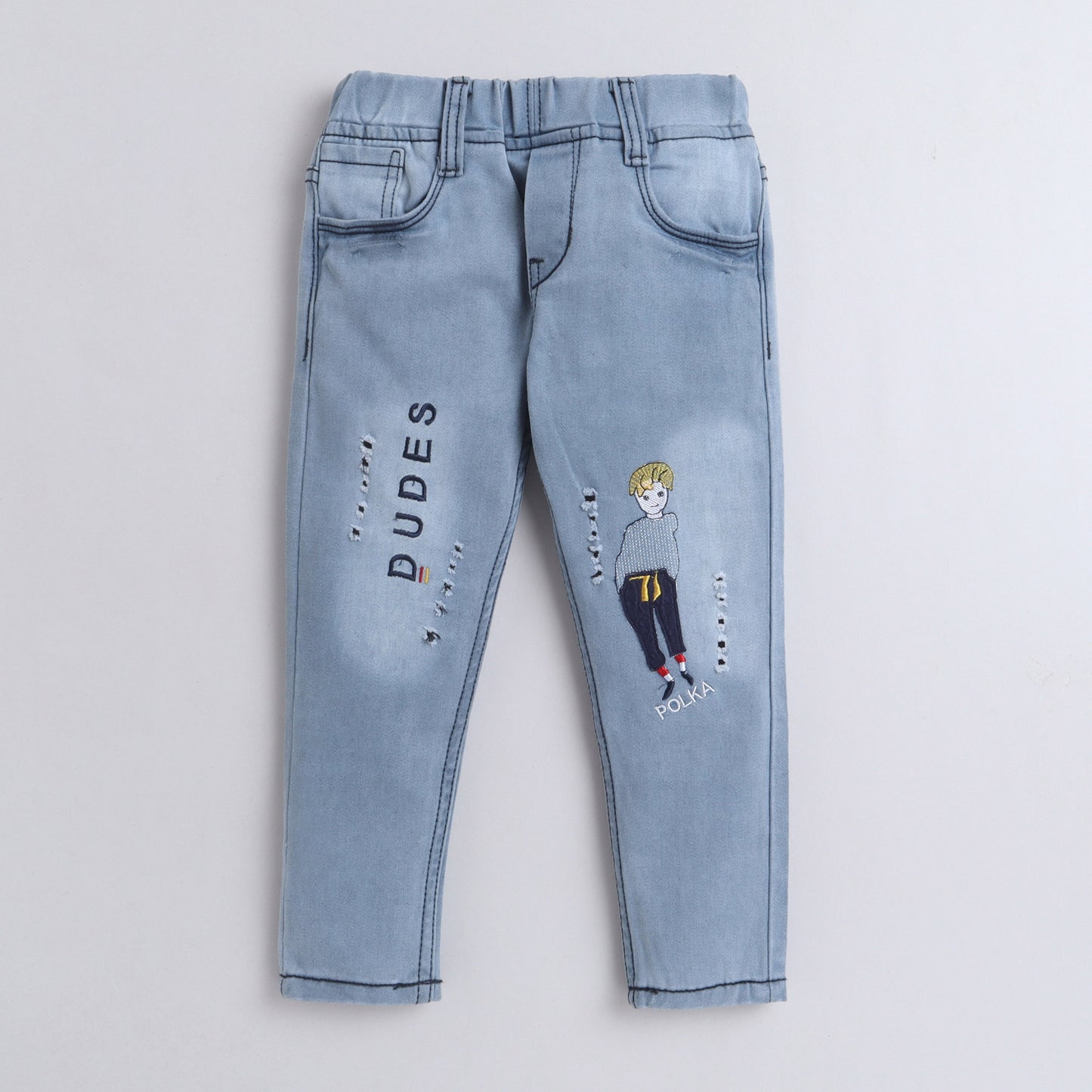 Polka Tots Denim Jeans With Dudes Boy Embroidery Boy Blue