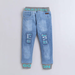 Polka Tots Denim Jeans With Waist & Bottom Grey Rib Sky Blue