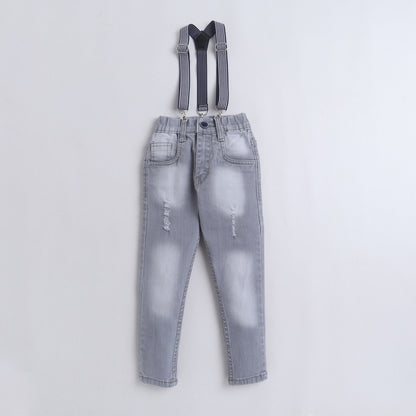Polka Tots Denim Jeans With Stretchable Suspender Grey