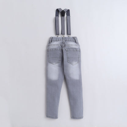 Polka Tots Denim Jeans With Stretchable Suspender Grey