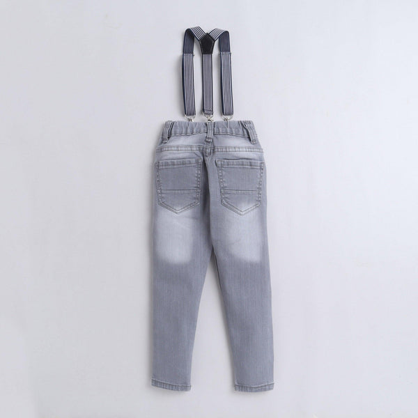 Polka Tots Denim Jeans With Stretchable Suspender Grey