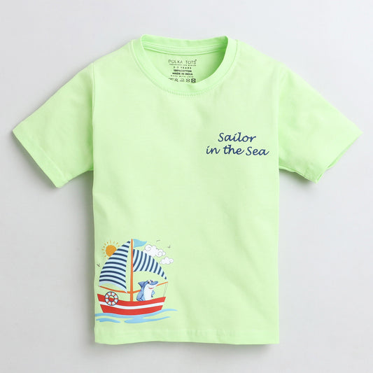 Polka Tots Half Sleeve T-Shirt Sailor In The Sea Whale - Green