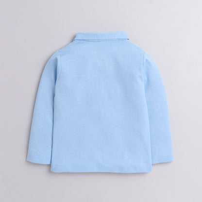 Polka Tots Full Sleeve Polo T-Shirt Cotton Safari Print Sky Blue