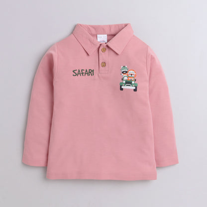 Polka Tots Full Sleeve Polo T-Shirt Cotton Safari Print Pink