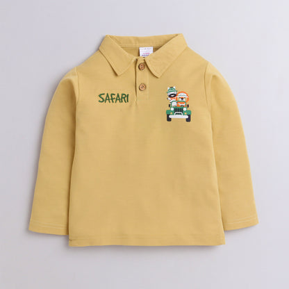 Polka Tots Full Sleeve Polo T-Shirt Cotton Safari Print Yellow
