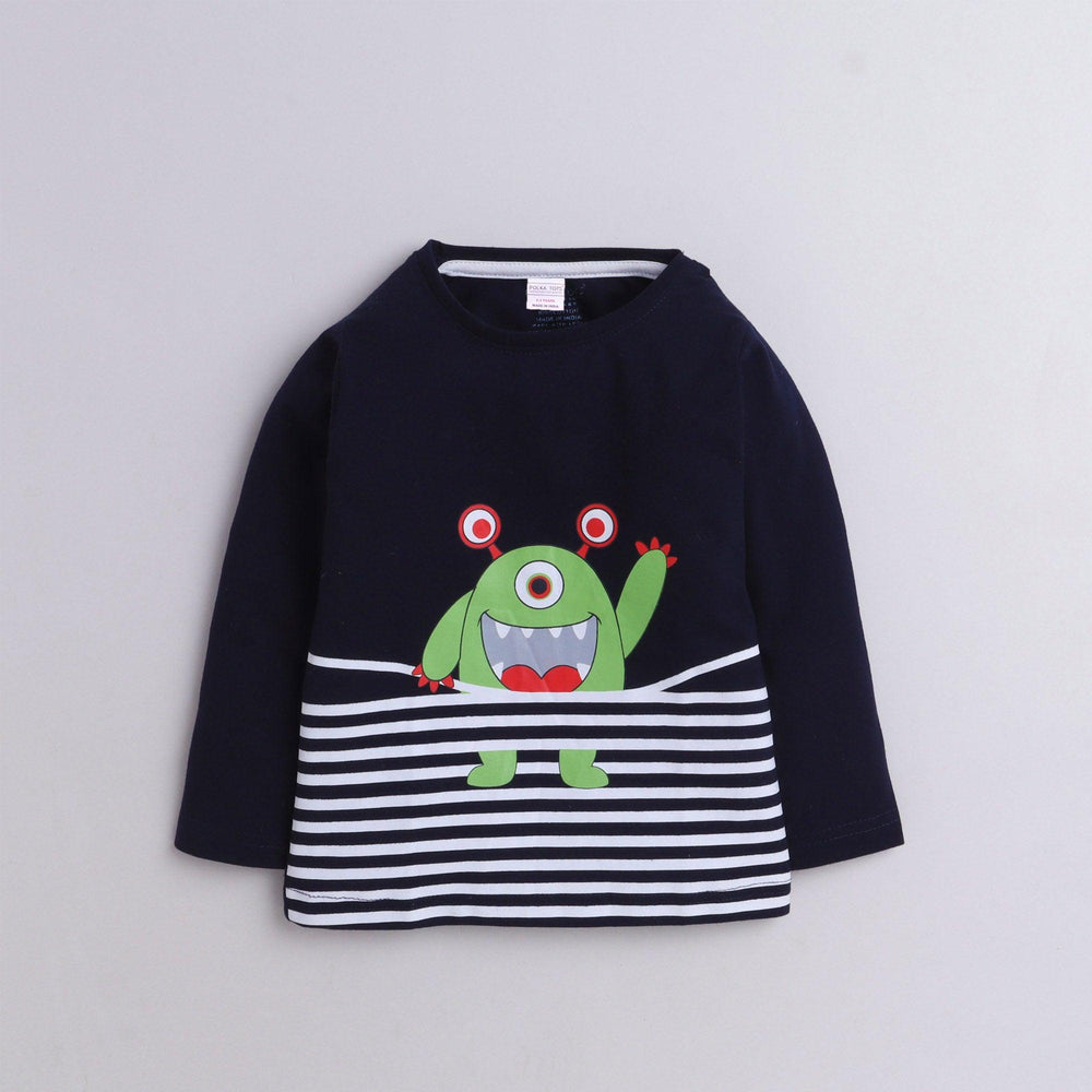Polka Tots Full Sleeve T-Shirt Cotton Monster Print Navy Blue