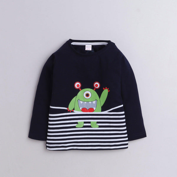 Polka Tots Full Sleeve T-Shirt Cotton Monster Print Navy Blue