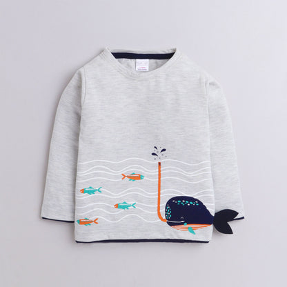 Polka Tots Full Sleeve T-Shirt Cotton Fish Print Grey