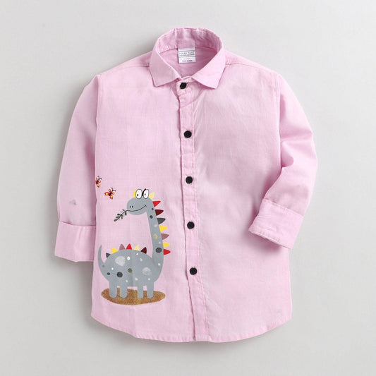 Polka Tots Full Sleeves Dinosaur Print Shirt - Pink