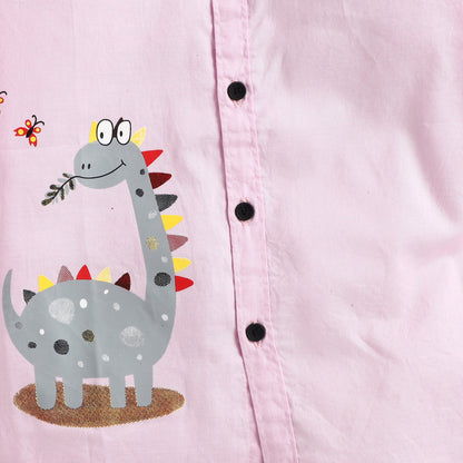 Polka Tots Full Sleeves Dinosaur Print Shirt - Pink