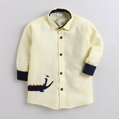 Polka Tots Full Sleeves Crocodile Patch Detailing Shirt - Yellow
