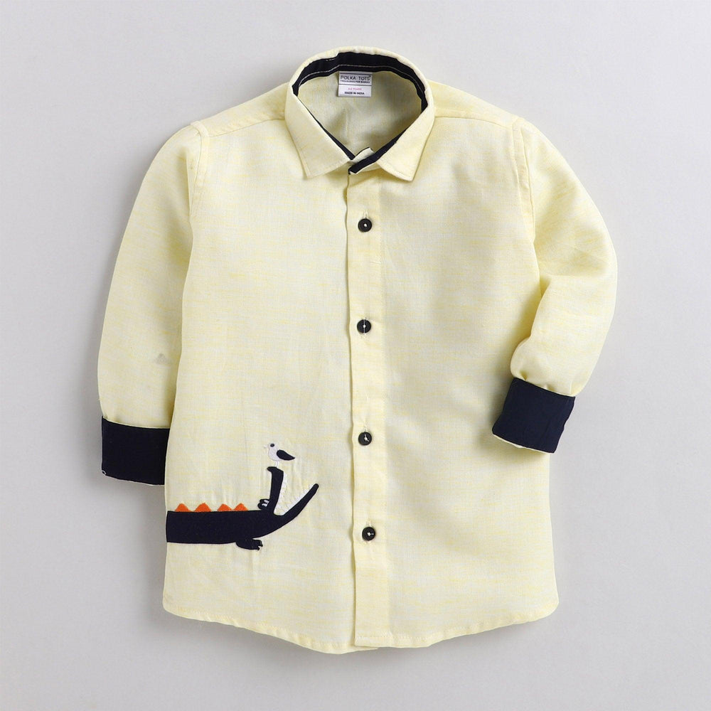 Polka Tots Full Sleeves Crocodile Patch Detailing Kids Shirt - Yellow
