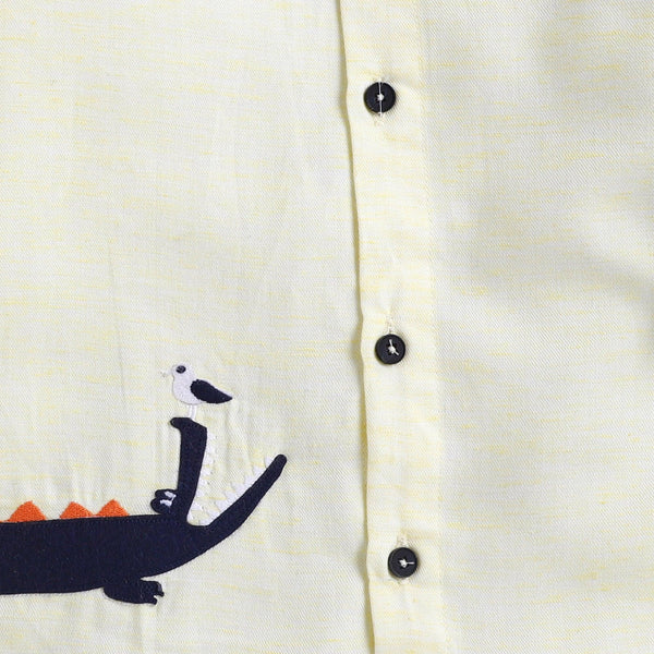 Polka Tots Full Sleeves Crocodile Patch Detailing Kids Shirt - Yellow