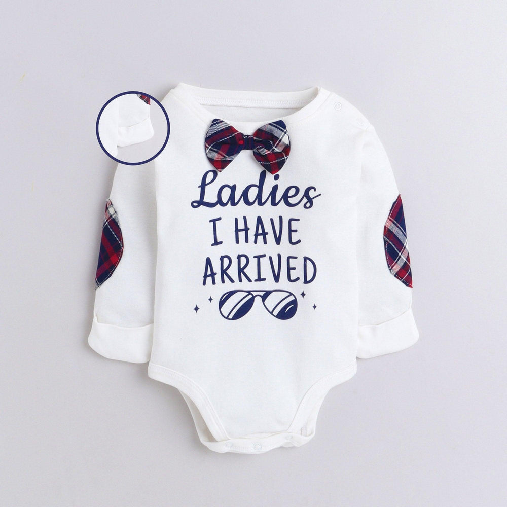 Polka Tots Full Sleeve Romper Onesie with elbow checks patches and bow tie with Folded Mittens 100% Super Soft Cotton White