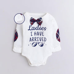 Polka Tots Full Sleeve Romper Onesie with elbow checks patches and bow tie with Folded Mittens 100% Super Soft Cotton White