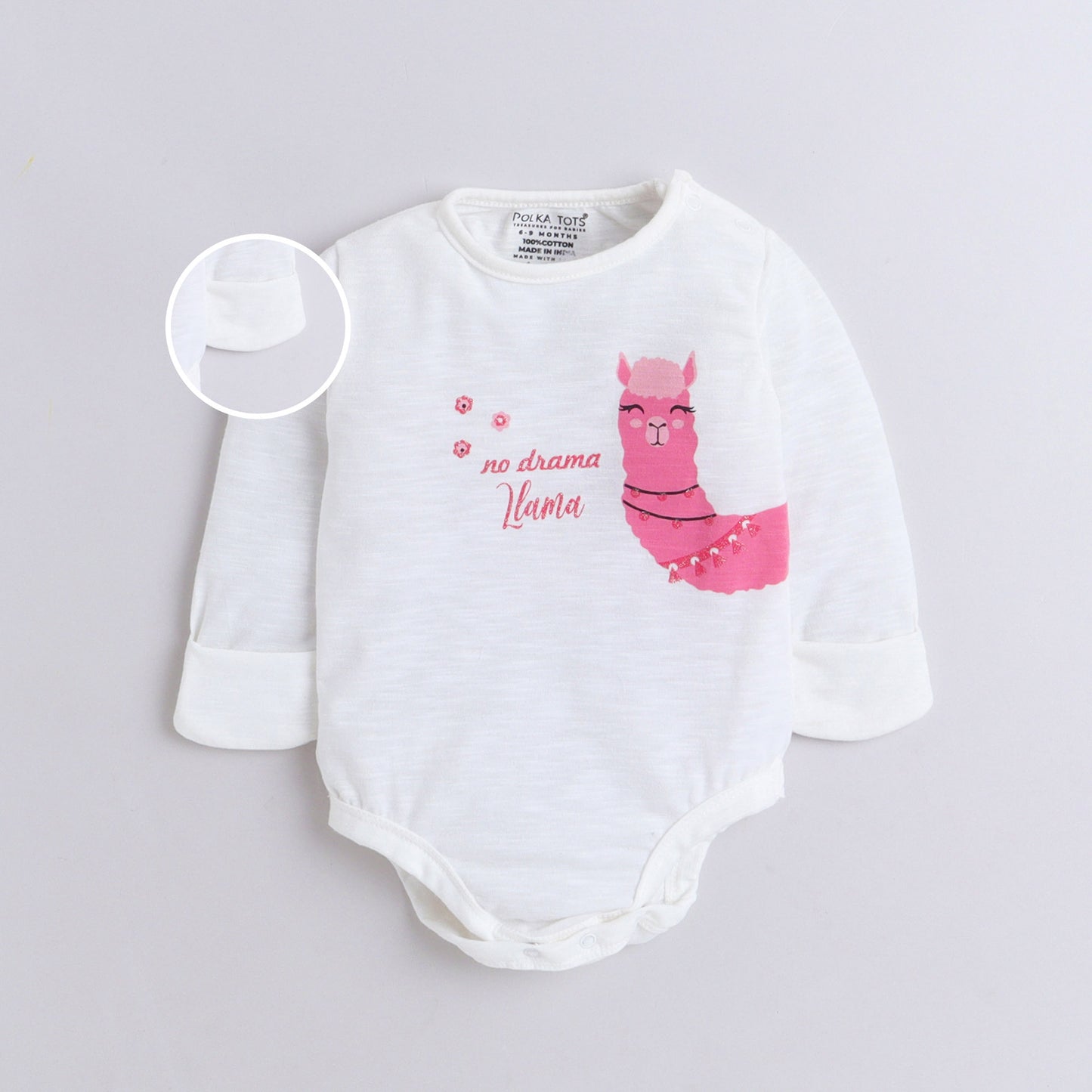 Polka Tots Full Sleeve Romper Onesie with Folded Mittens 100% Super Soft Cotton Llama White