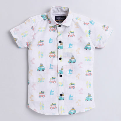 Polka Tots Full Half Sleeve Shirt With Inside Tshirt Beach Car Print - White