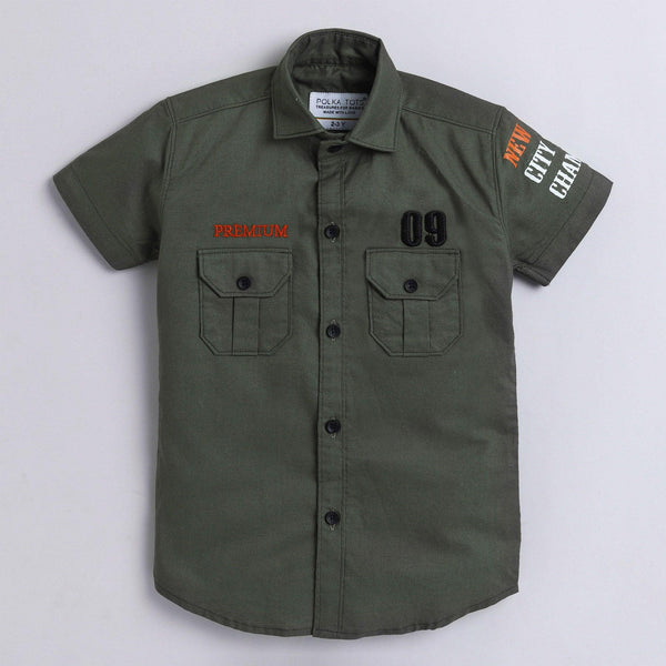 Polka Tots Full Half Sleeve Kids Shirt 2 Pockets Sleeves Print - Green
