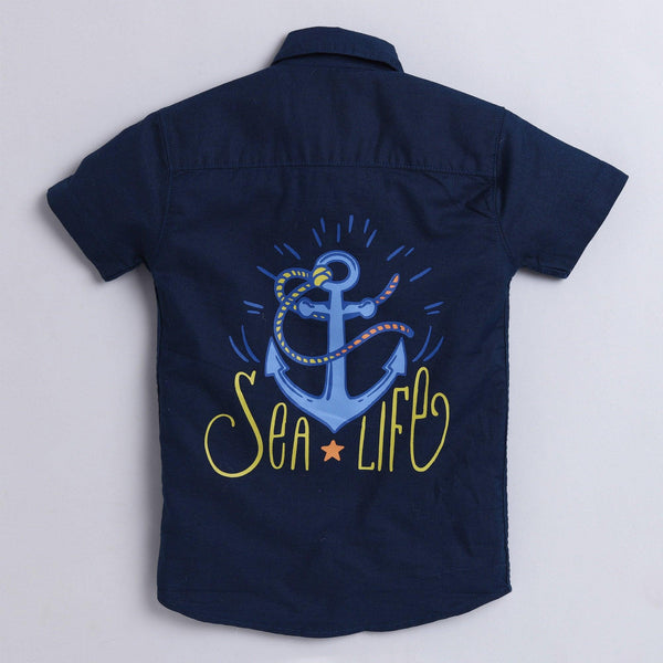 Polka Tots Full Half Sleeve Shirt 2 Pockets Boat Patch - Navy Blue