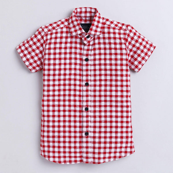 Polka Tots Full Half Sleeve Shirt With Inside Tshirt Super Wheel Checks  - Red
