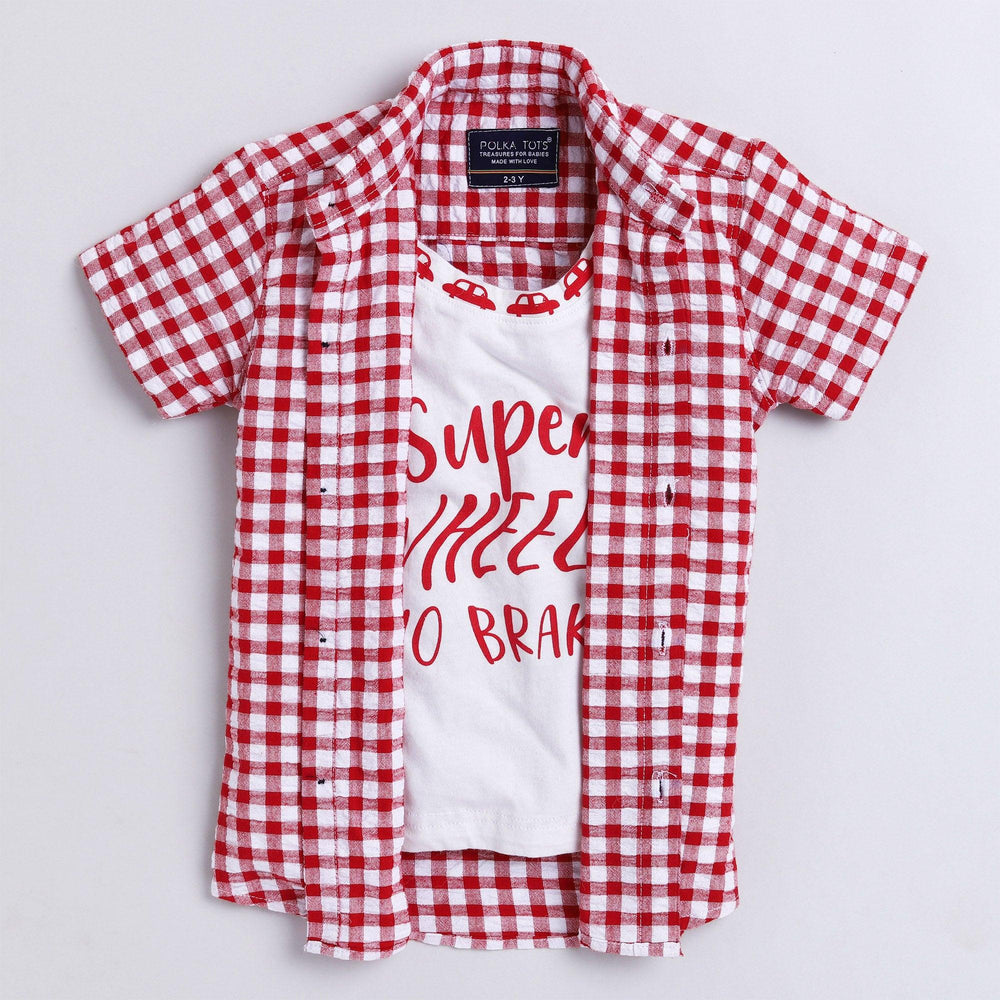 Polka Tots Full Half Sleeve Shirt With Inside Tshirt Super Wheel Checks  - Red