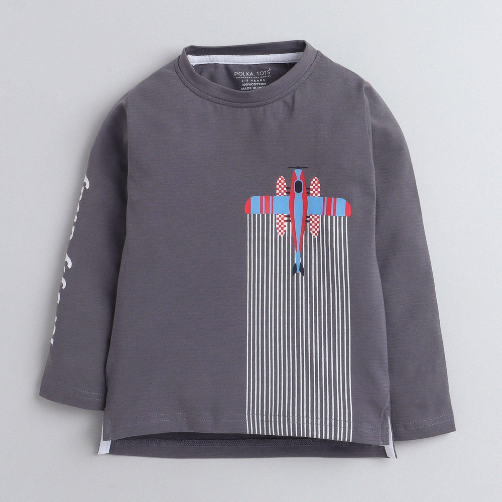 Polka Tots Full Sleeve T-Shirt with one side Sleeve Print and Flying Plane Grey