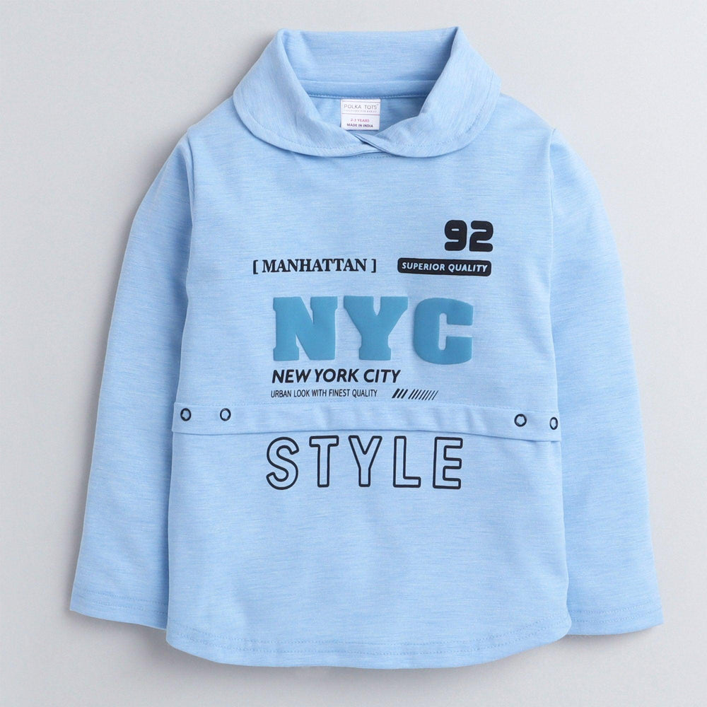 Polka Tots Full Sleeve Cowl Neck T-Shirt Chest Graphics Sky Blue