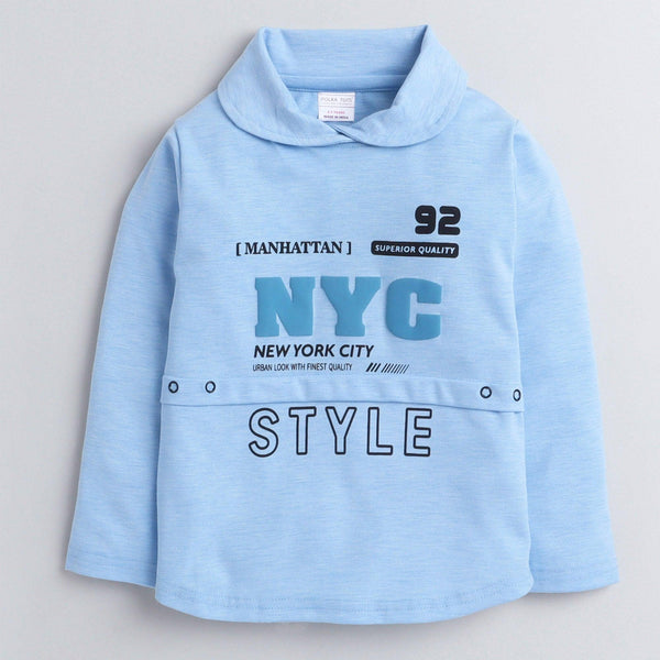 Polka Tots Full Sleeve Cowl Neck T-Shirt Chest Graphics Sky Blue