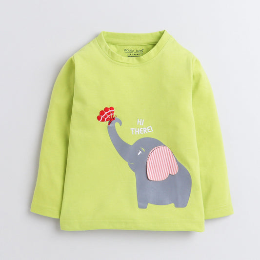Polka Tots Full Sleeve T-Shirt Elephant with Butterfly Green