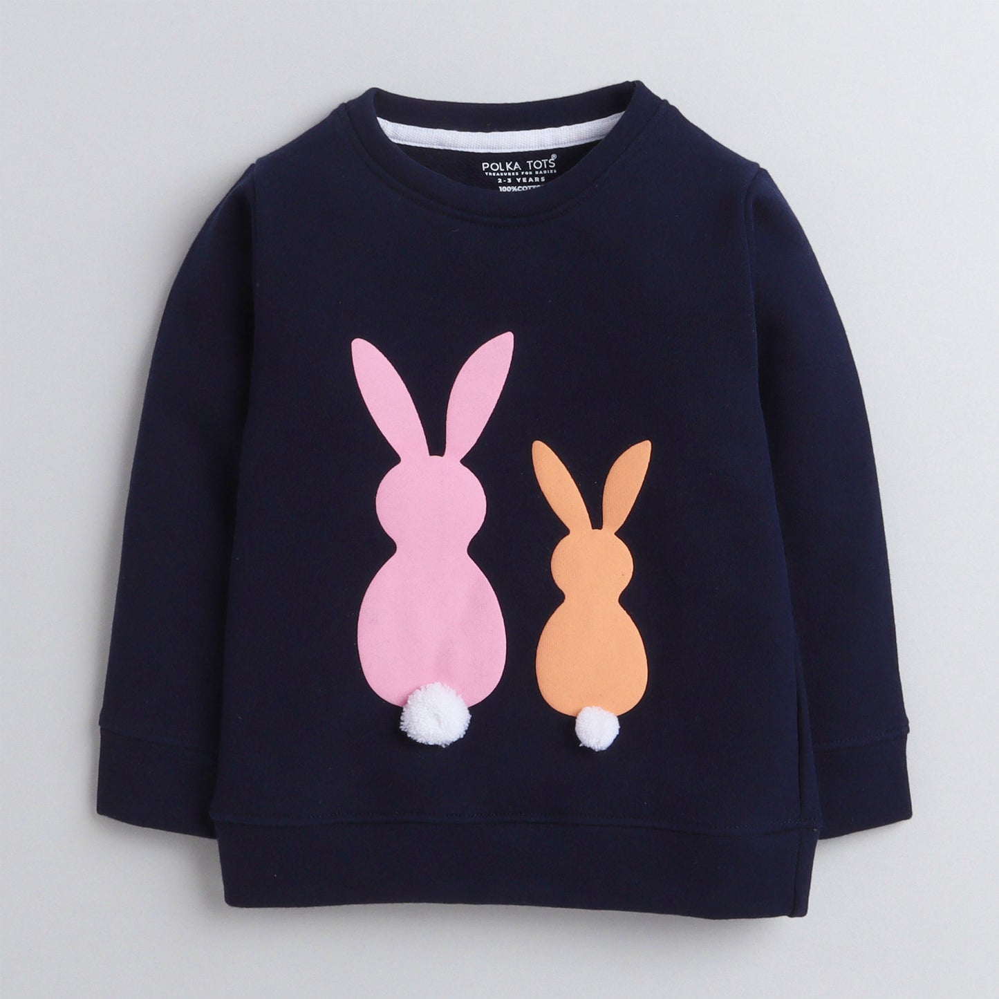 Polka Tots Full Sleeves Sweatshirt Bunny Print with Pom Pom Detail Navy Blue