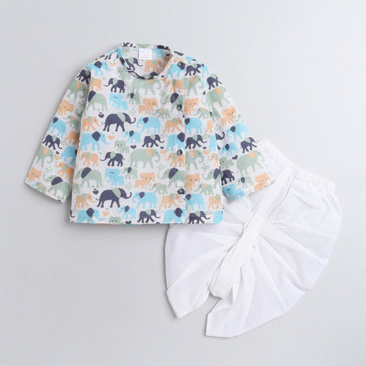 Polka Tots Dhoti Kurta Set for Boys 100% Super Soft Cotton Traditional Ethnic Wear For Kids Elephant-Blue