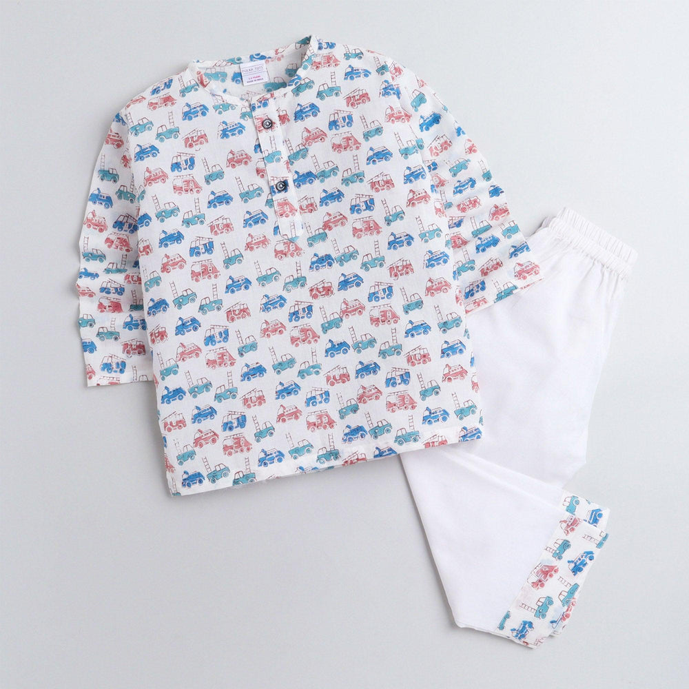 Polka Tots Vehicle print Full sleeves Nightwear Kurta pyjama set - White