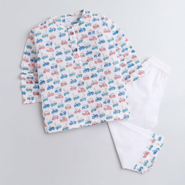 Polka Tots Vehicle print Full sleeves Nightwear Kurta pyjama set - White