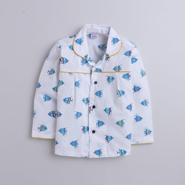 Polka tots Full Sleeve Night Suit Pair White (Fish)