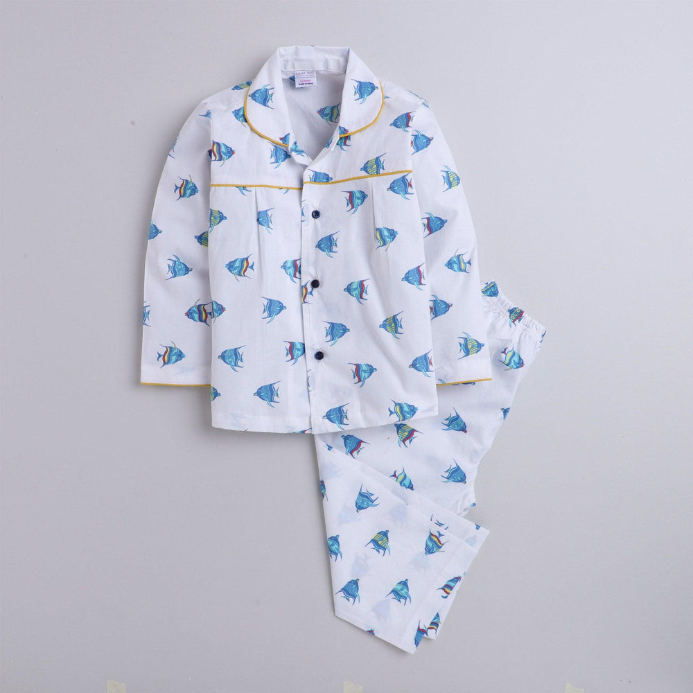 Polka tots Full Sleeve Night Suit Pair White (Fish)