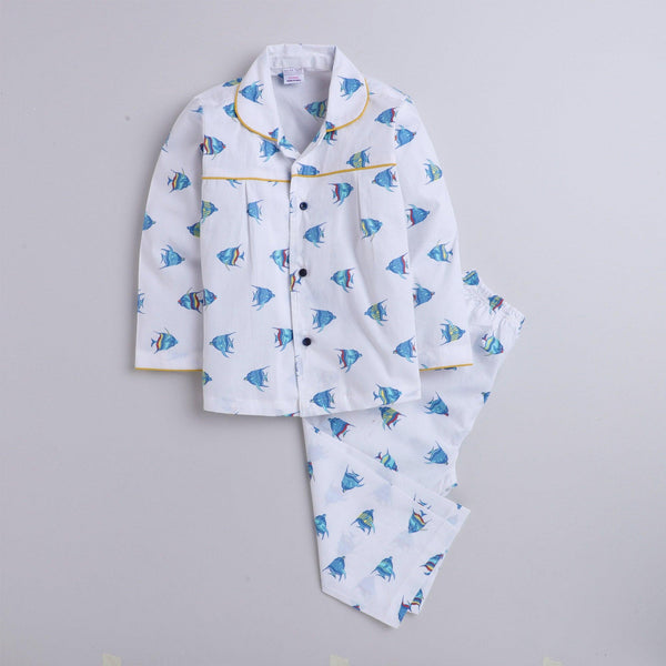 Polka tots Full Sleeve Night Suit Pair White (Fish)