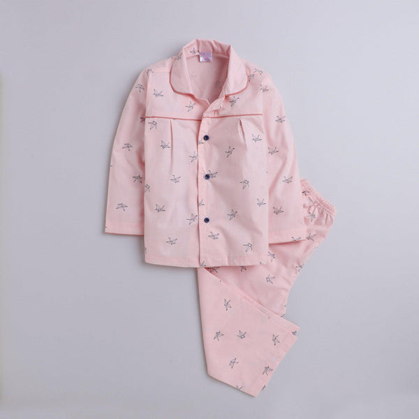 Polka tots Full Sleeve Night Suit Pair Pink (Origami Bird)